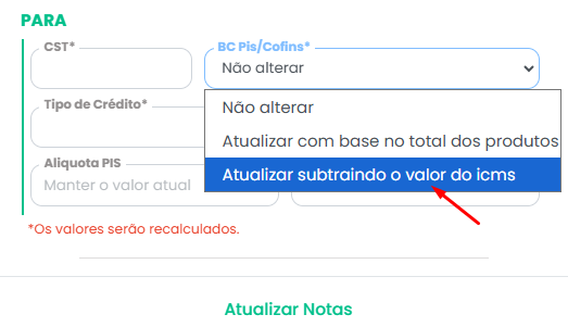 Tela do Sistema Contábil Makro com opção de subtrair o valor do ICMS destacada em azul para ajustar PIS e COFINS nas Notas Fiscais.