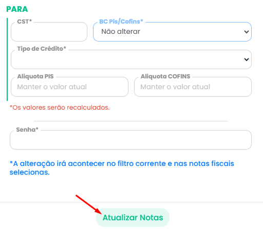 Tela do Sistema Contábil Makro com botão Atualizar Notas destacado por seta vermelha para modificar PIS e COFINS nas Notas Fiscais.