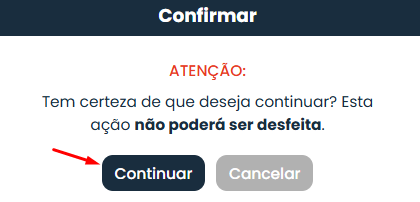 Janela de confirmação do Sistema Contábil Makro com aviso de ação irreversível e botão Continuar para PIS e COFINS nas Notas Fiscais.