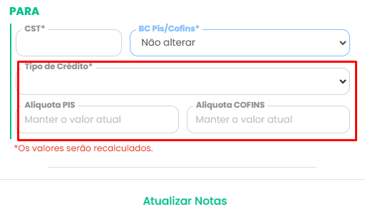 Formulário do Sistema Contábil Makro com campos de tipo de crédito e alíquotas destacados em vermelho para PIS e COFINS nas Notas Fiscais.