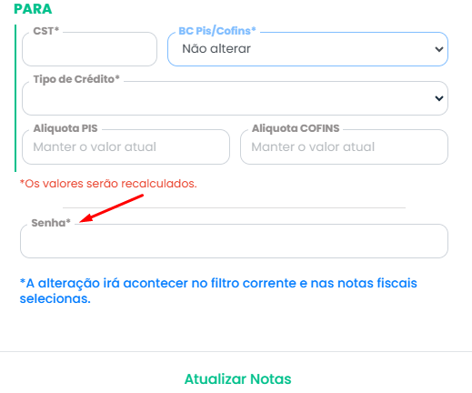 Tela do Sistema Contábil Makro com campo Senha indicado por seta vermelha para confirmar a atualização de PIS e COFINS nas Notas Fiscais.