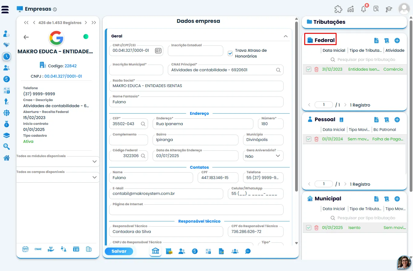 Tela do Sistema Contábil Makro com painel de tributações e opção Federal destacada para acessar a Configuração de entidade imune.