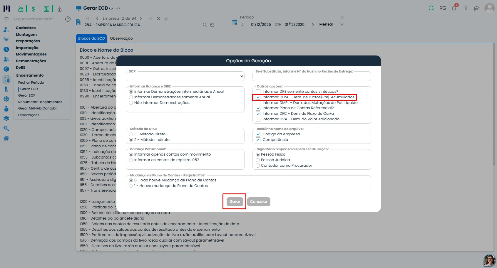 Janela de opções do Sistema Contábil Makro para a ECD referente ao registro J210, com a opção Informar DLPA marcada e o botão Gerar destacado.