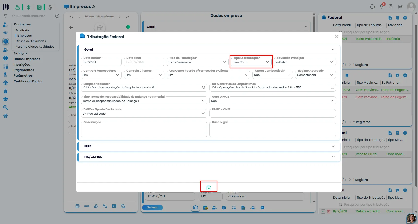 Tela do Sistema Contábil Makro com a configuração do tipo de escrituração em Livro Caixa, necessária para gerar o Registro Q100 na ECF.