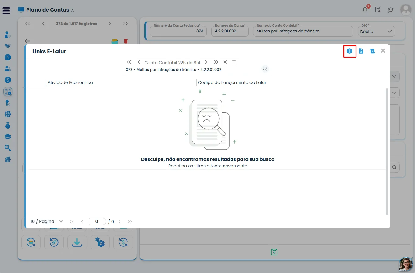 Janela de Links E-Lalur no Sistema Contábil Makro, com botão de inclusão destacado para cadastrar novo vínculo fiscal relacionado ao M410 ECF.