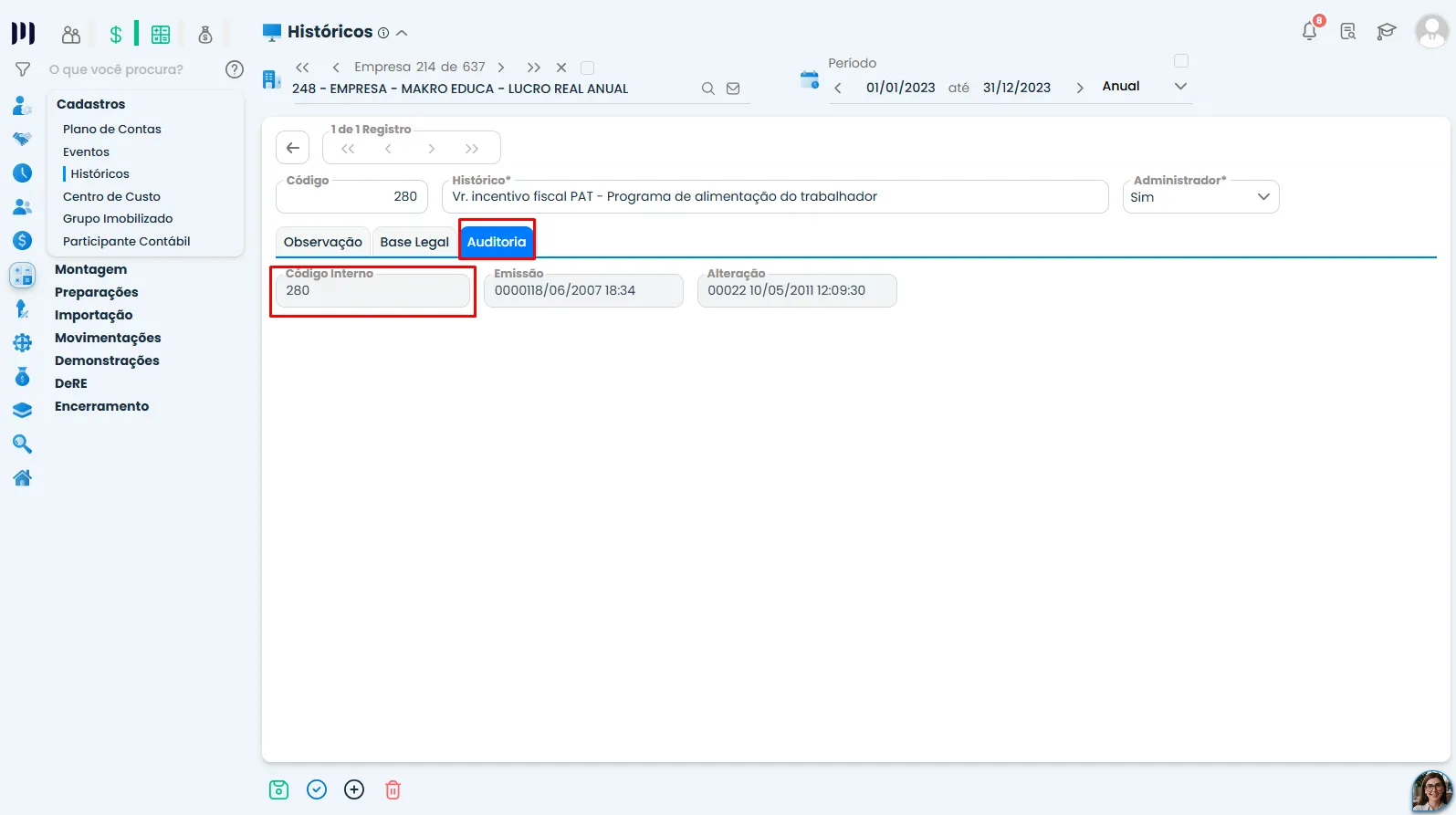 Tela de auditoria do Sistema Contábil Makro, destacando o código interno 280 do histórico contábil utilizado na configuração do Parâmetro 39.