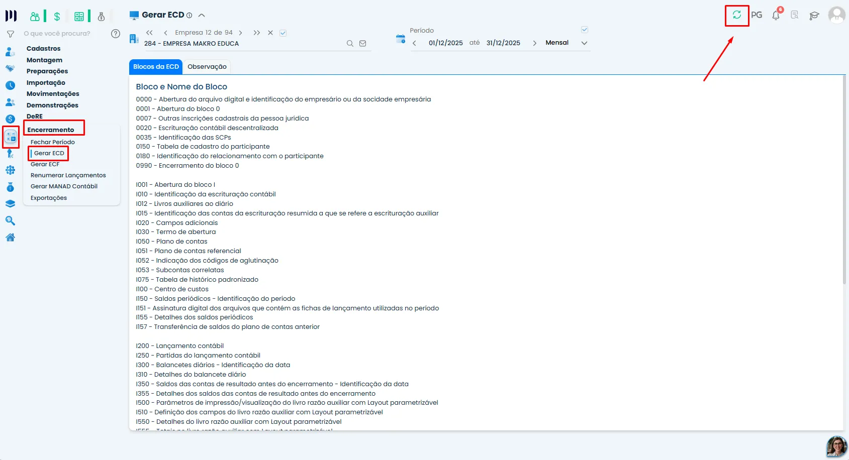 Tela do Sistema Contábil Makro na opção Gerar ECD, com botão destacado para gerar o arquivo da ECD referente ao registro J210 após ajustes na DLPA.