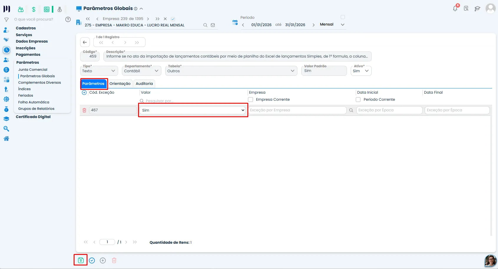 Importação de planilha em excel no Sistema Contábil Makro, com o Parâmetro 459 configurado como Sim para usar a coluna CONTA no histórico.