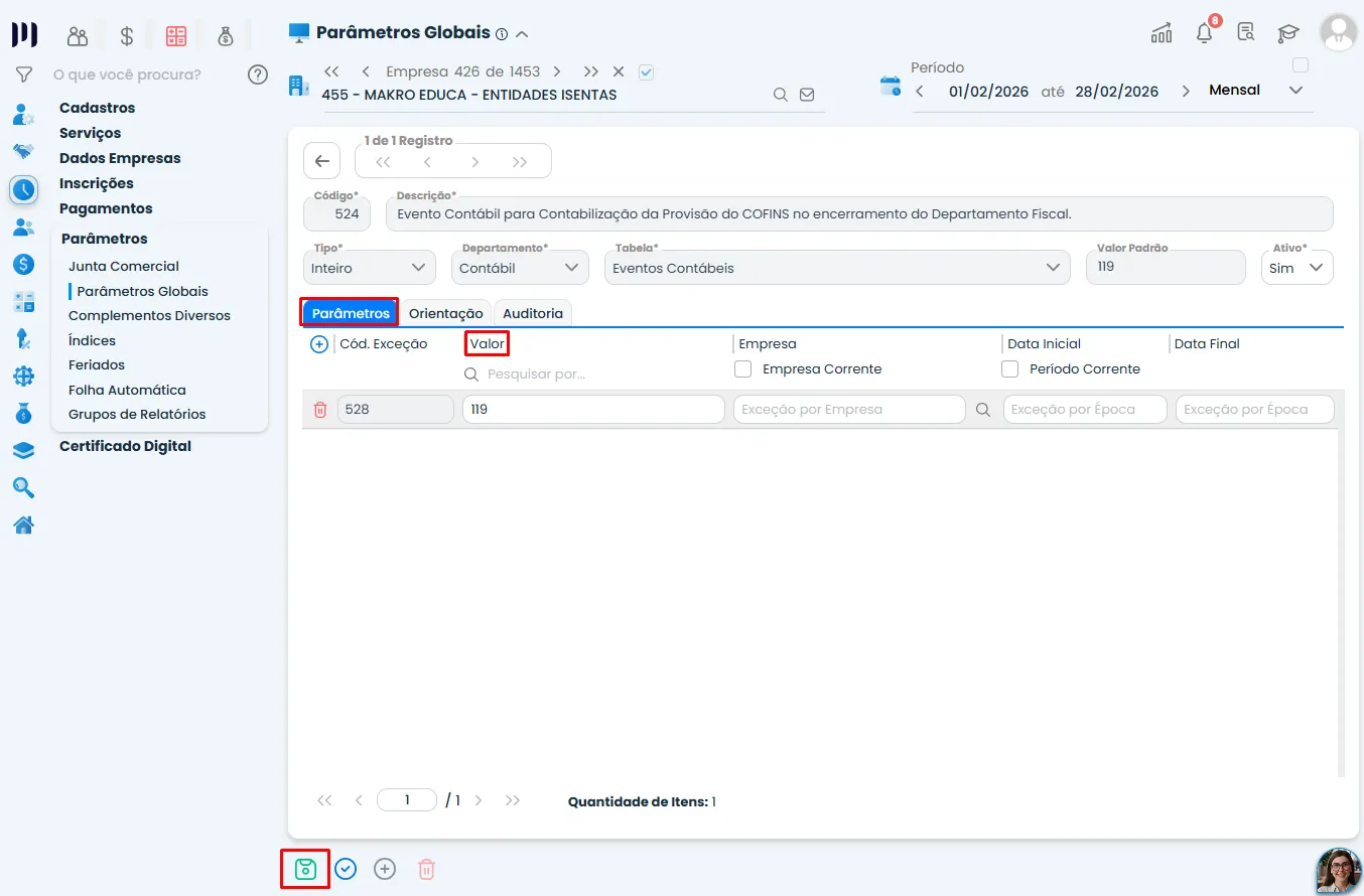 Tela do Sistema Contábil Makro com o Parâmetro 524 configurado, mostrando o código interno 119 no campo Valor e o botão para salvar destacado.
