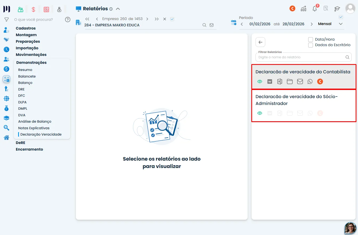 Tela do Sistema Contábil Makro com relatórios de Declaração de Veracidade do contabilista e sócio-administrador destacados em vermelho.
