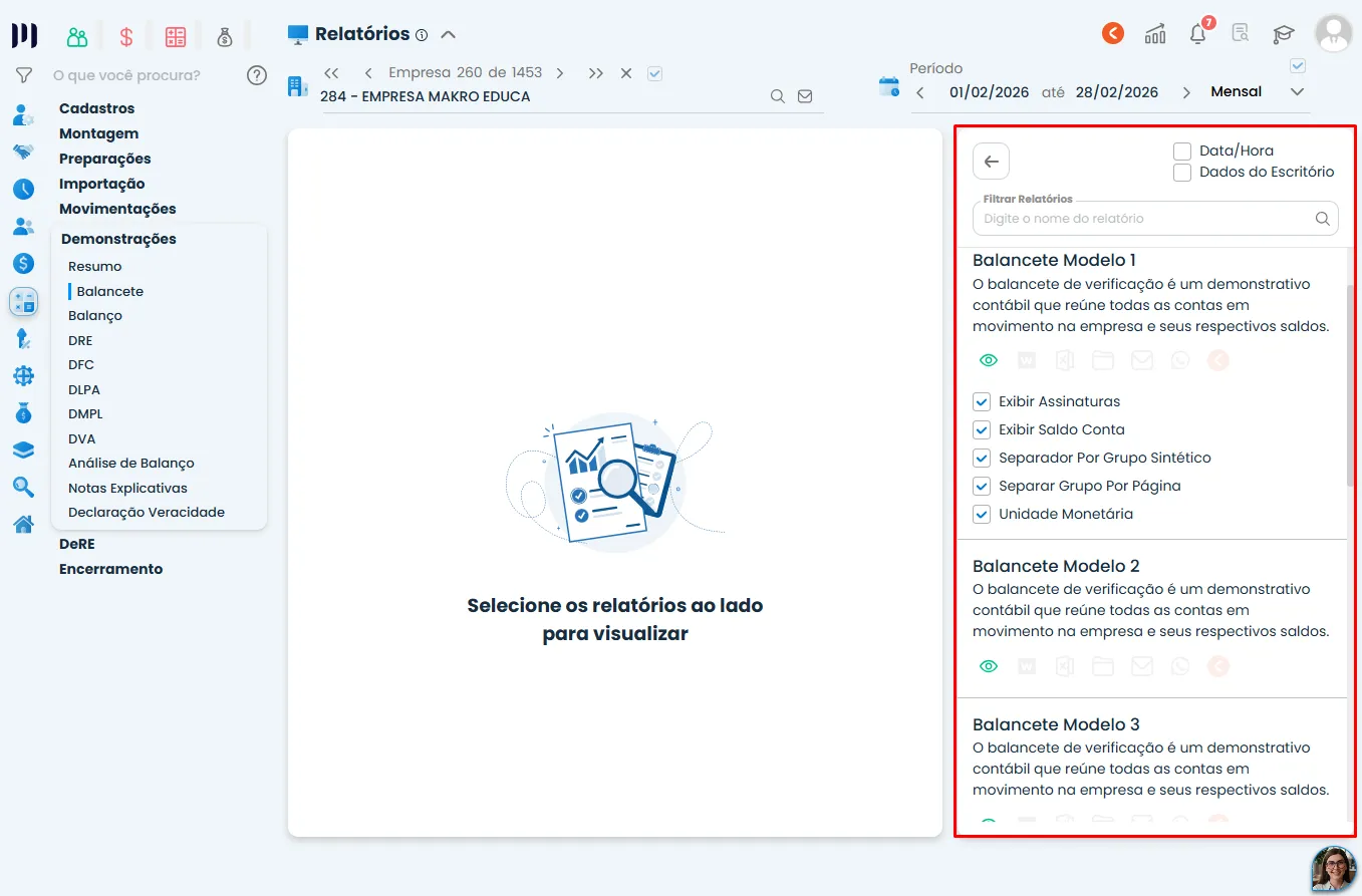 Tela do Sistema Contábil Makro com painel lateral destacando os modelos 1, 2 e 3 do Relatório de Balancete e opções de configuração e exibição.