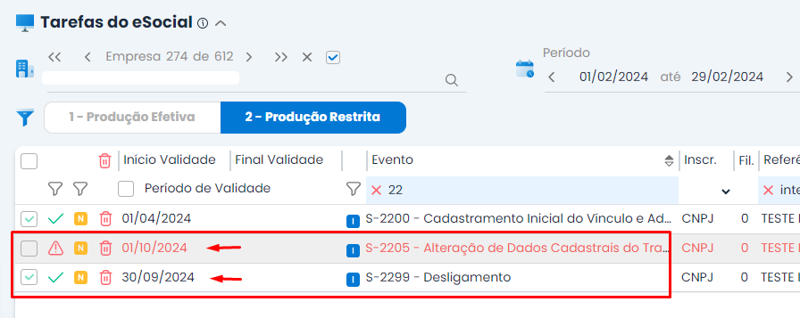 Tela de tarefas do eSocial no Sistema Contábil Makro, com destaque em vermelho para as datas dos eventos S-2205 e S-2299 do Vínculo Trabalhista.