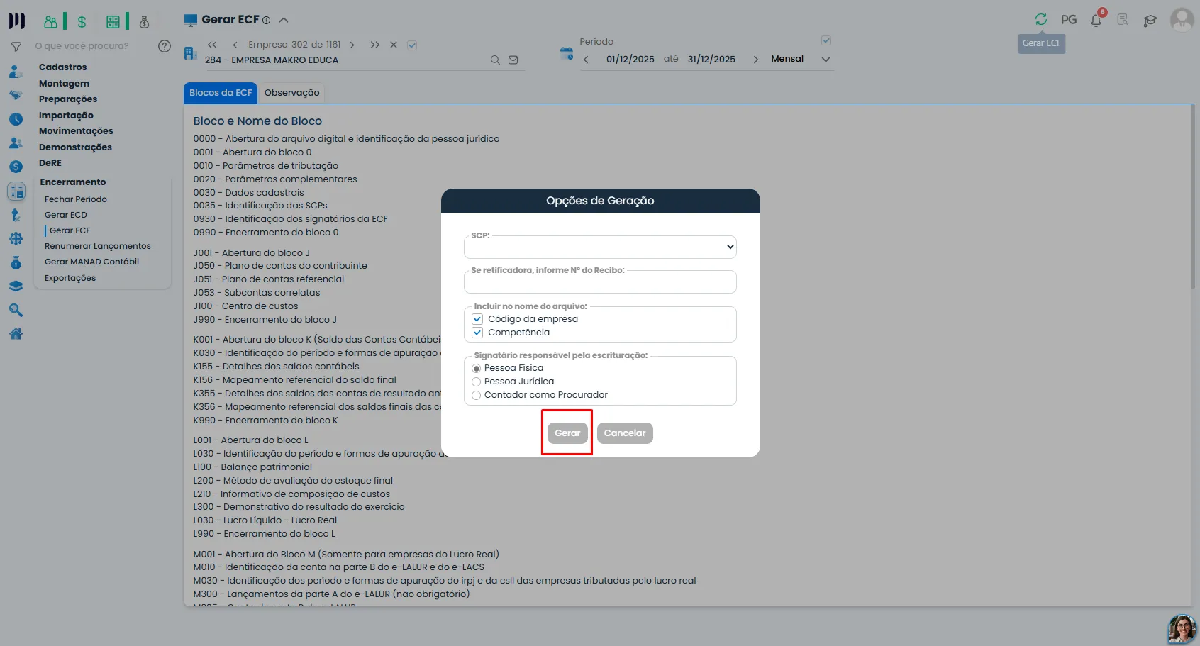 Janela de opções de geração do Sistema Contábil Makro, com o botão Gerar destacado para emitir novo arquivo após corrigir Erro na ECF.