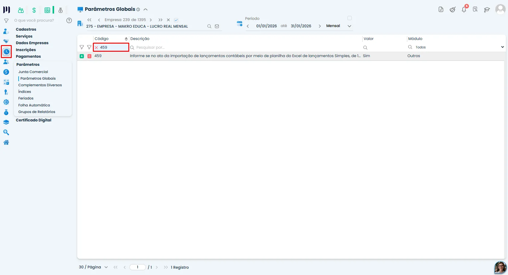 Importação de planilha em excel no Sistema Contábil Makro, com o Parâmetro 459 localizado na tela de Parâmetros Globais para configuração.