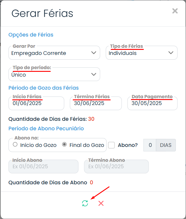 Tela de geração de férias no Sistema Contábil Makro, com período, tipo de férias e datas para Geração de férias normais do empregado.