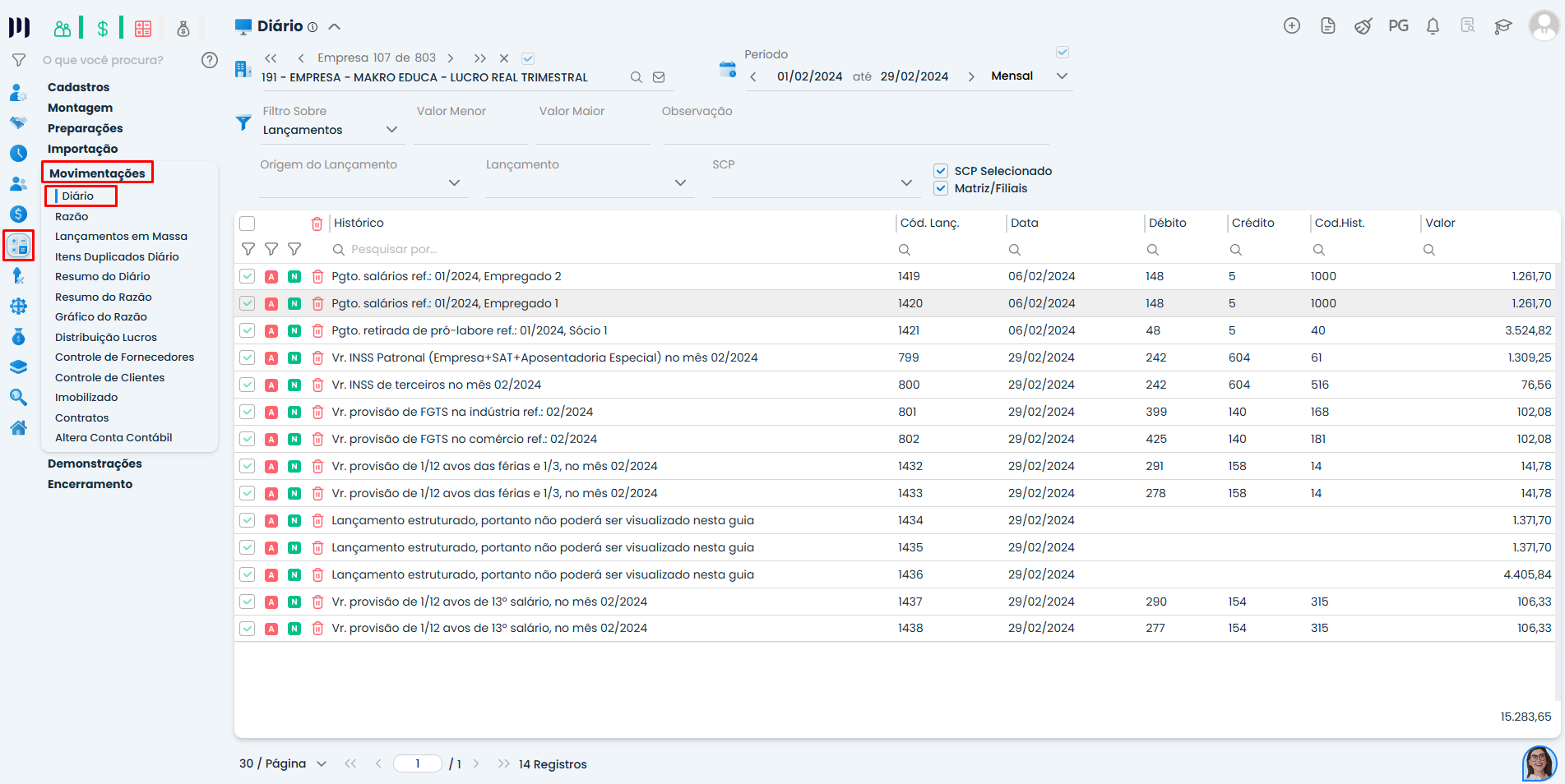 Tela do Sistema Contábil Makro com Lançamentos em massa no sistema, exibindo o Diário contábil com registros, datas, contas, valores e históricos.