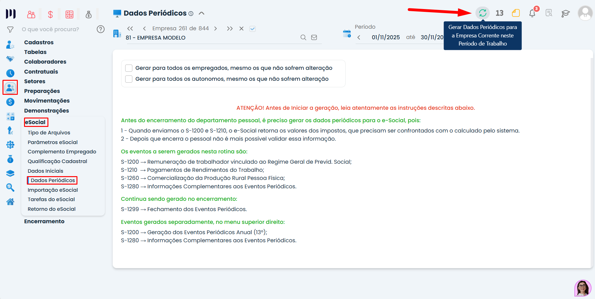 Tela do Sistema Contábil Makro com menu Dados Periódicos e botão de geração destacado para Envio periódicos da folha de pagamento ao eSocial.