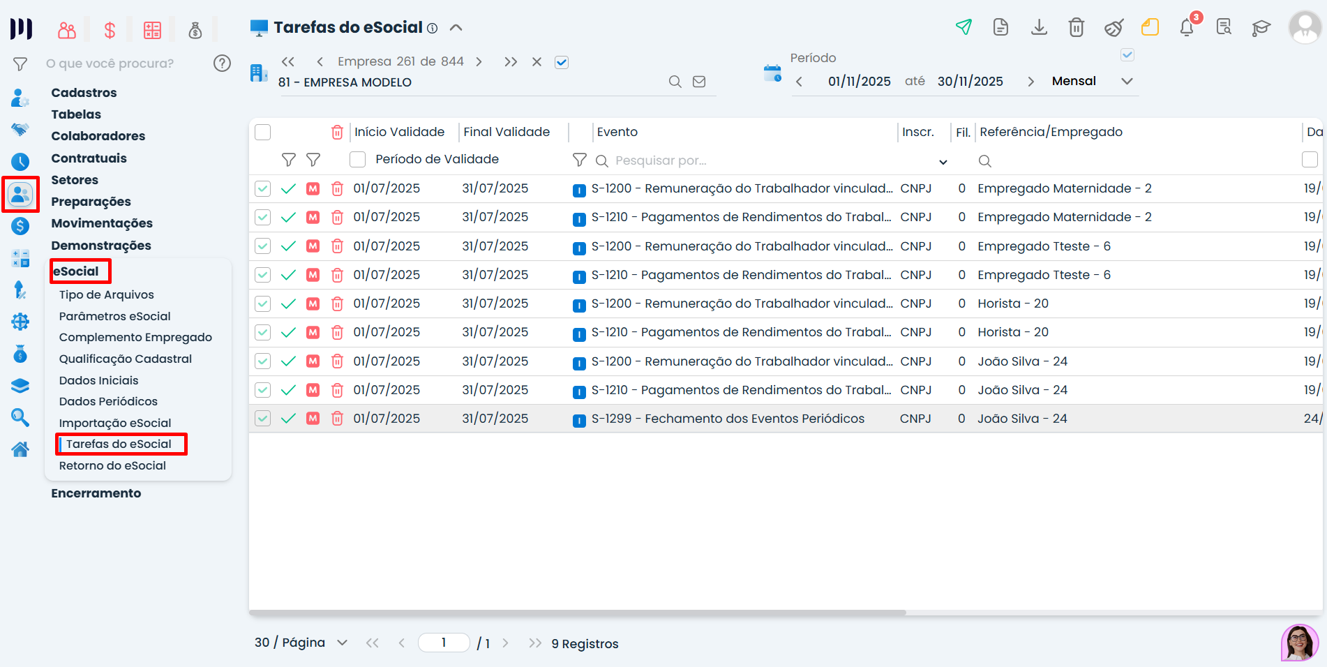 Tela do Sistema Contábil Makro com lista de tarefas do eSocial e eventos S-1200 e S-1299 exibidos para Envio periódicos da folha de pagamento.