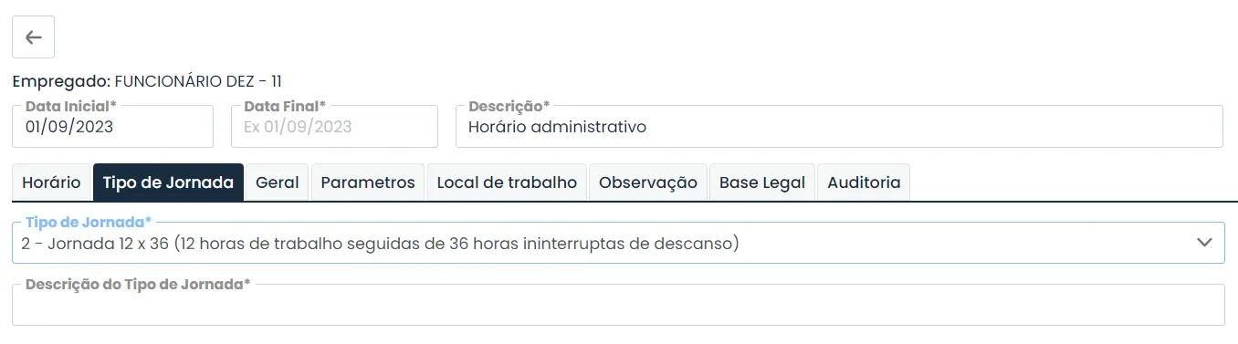 Campo que mostra onde inserir a jornada 12X36