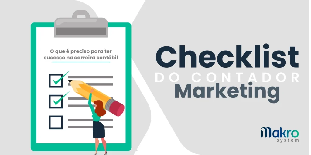 Uma pequena mulher segurando um lápis gigante enquanto marca uma lista de coisas para o contador, com o título 'Checklist do Contador: Marketing' acima.
