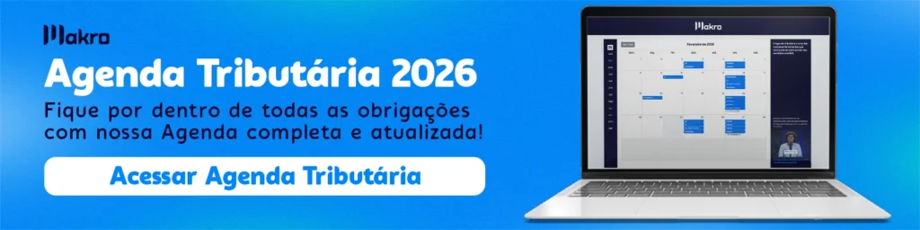 Imagem de um notebook aberto na Agenda Tributária 2026, com um título na esquerda na cor branca.