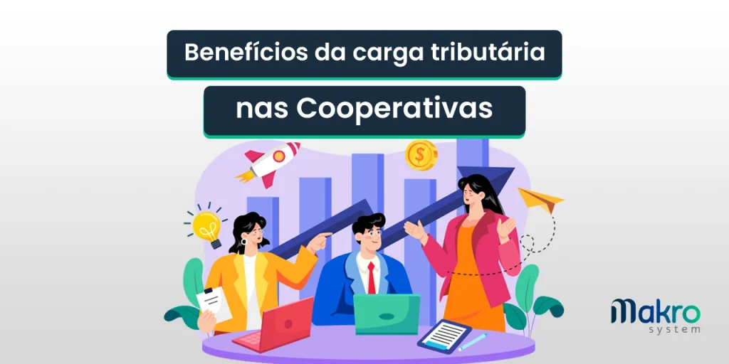 Na imagem, há três pessoas na frente, cada uma com um computador, e, ao fundo, há imagens de gráficos, foguetes, lâmpadas, moedas e aviões de papel.