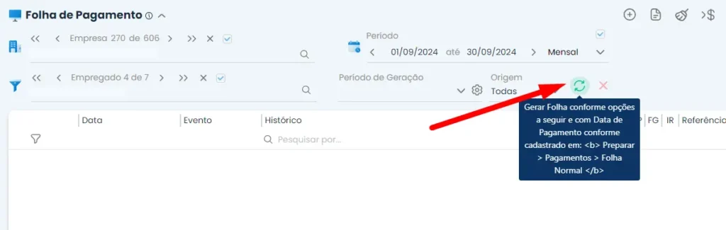 Campo para inserir informações para gerar a folha de pagamento no Sistema Makro