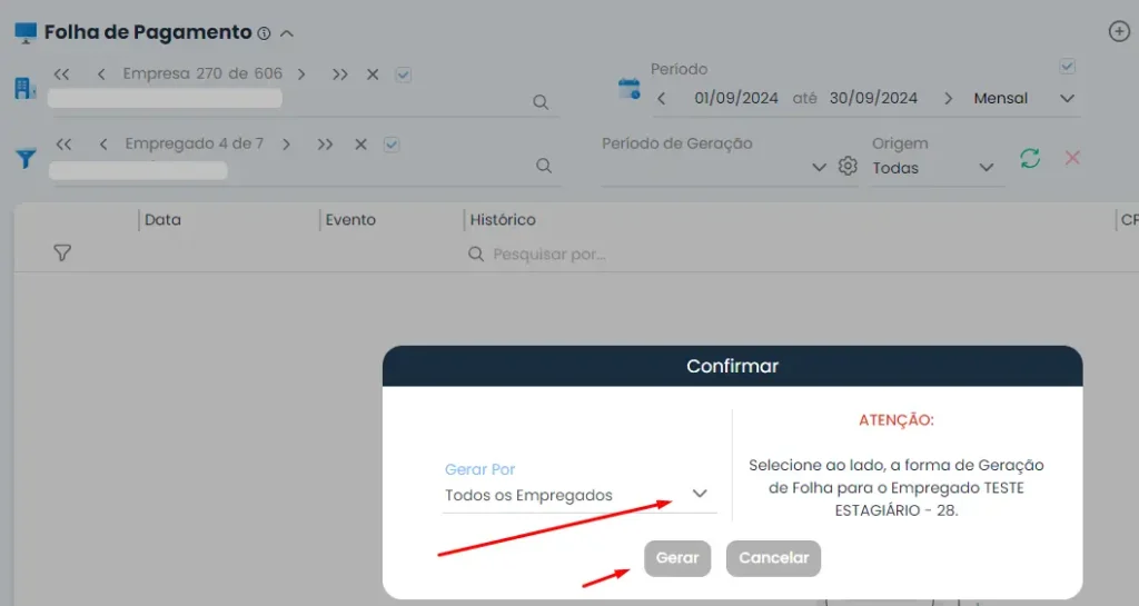 Campo para inserir informações para gerar a folha de pagamento no Sistema Makro