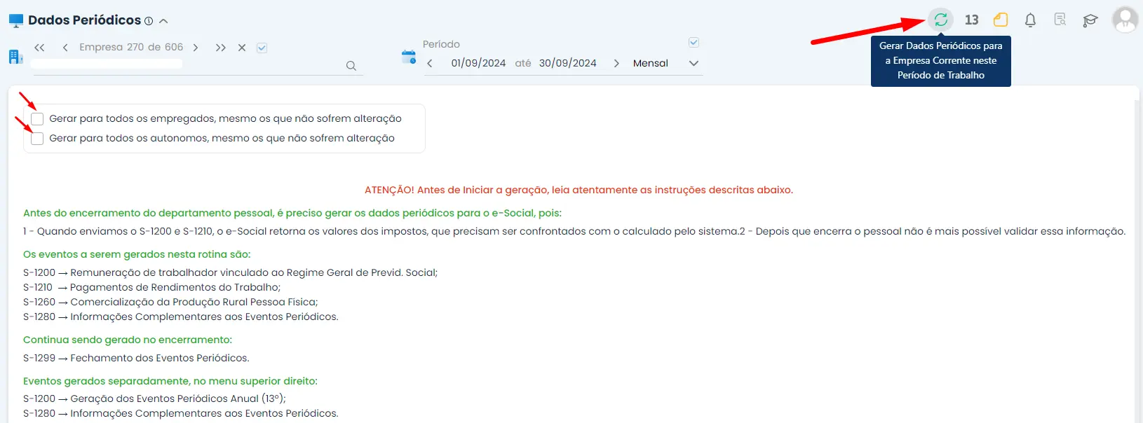 Campo para inserir as informações para enviar o evento do eSocial dos Dados Periódicos