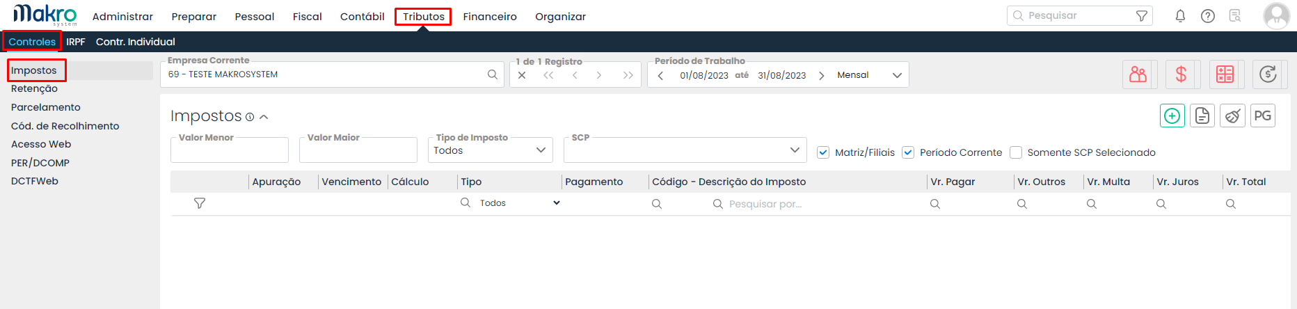Processo 2 - da verificação dePIS/COFINS RETIDO NAS NOTAS FISCAIS DE SERVIÇOS TOMADOS - E não aparecer na aba dos tributos. Na imagem o caminho percorrido é tributos, controles, impostos. |