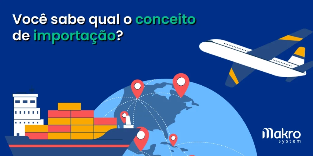 Fundo azul e alguns meios de transportes utilizados para importação como Navio, Caminhão e Avião. E logo a cima o texto bem chamativo: Você sabe qual o conceito de importação?