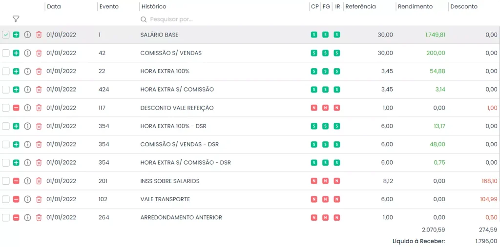 Exemplo da folha de pagamento no sistema Makrosystem, com vários eventos.