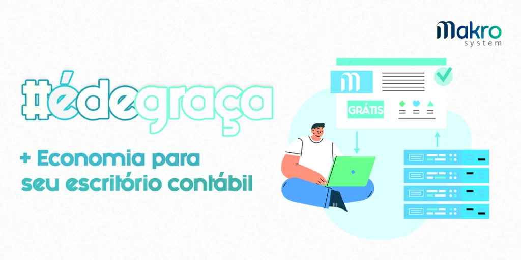 Uma pessoa sentada no chão, utilizando um notebook. Acima do computador, aparece a tela com a logo da Makrosystem, e uma parte do sistema contábil gratuito.