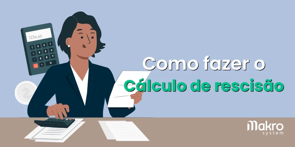 Desenho de uma mulher segurando um papel enquanto utiliza uma calculadora, com o título localizado no meio direito.