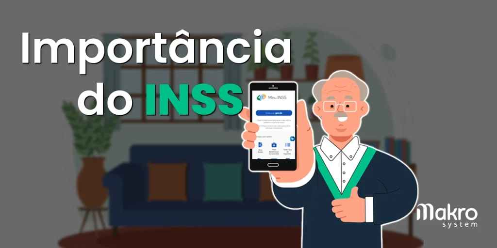 Um senhor de idade segurando seu celular no aplicativo 'Meu Inss' ao lado do titulo 'Importância do INSS'