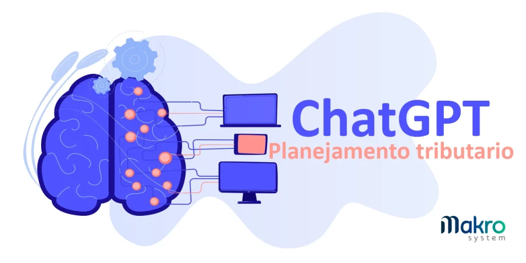 Um cérebro roxo com engrenagens ligado a certos pontos em computadores, TVs e tablets. Ao lado, o título 'Chat GPT planejamento Tributário'.