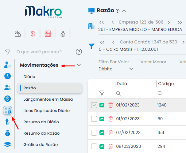 Inicie o processo acessando o Módulo Contábil do Sistema. Dentro do Módulo Contábil, navegue até a opção “Movimentações” e escolha “Razão”.