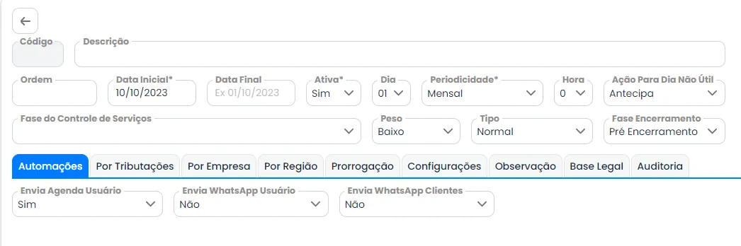 Inclua a “Descrição” após uma “Ordenação”, a “Data inicial”, a “Data Final”. Além disso, o sistema apresenta diversos outros campos, como o prazo, a periodicidade, entre outros para garantir o cumprimento efetivo das tarefas.