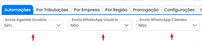 Na parte inferior do Cadastro de Tarefas, você encontrará a aba de “Automações”. Aqui, você pode enviar a notificação da tarefa, seja para a agenda do usuário, WhatsApp do usuário ou para o WhatsApp do Cliente, caso este esteja cadastrado no sistema.