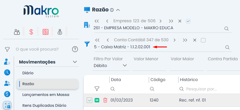Na seção Razão, procure pela conta contábil relacionada ao caixa, que deve ser a “Conta 5” de acordo com as instruções.