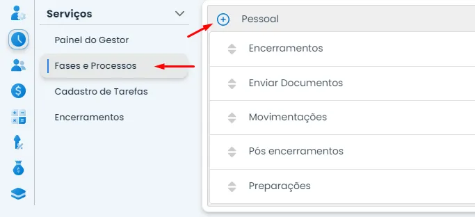 Cada departamento possui uma lógica linear para os cadastros das “Fases e Processos”. Para realizar os cadastros das tarefas, basta clicar no símbolo de “Mais” em frente ao departamento. Dê o nome do registro e a ordem do processo. Observação: As Fases e Processos direcionarão uma sequência lógica de entrega, até atingir o Encerramento de cada departamento. No entanto, o usuário pode personalizar as fases e processos seguindo a lógica de sua escolha.