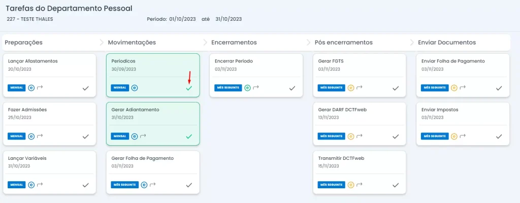 À medida que o usuário for concluindo as tarefas de seu departamento e for dando check nas tarefas concluídas, os símbolos no canto superior irão aumentar a porcentagem e mudarão para a cor verde à medida que as tarefas forem concluídas.