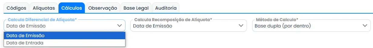 Guia de cálculos no cadastro de tributação estadual, como "Calcula Diferencial de Alíquota", "Calcula Recomposição de Alíquota" e "Método de Alíquota".