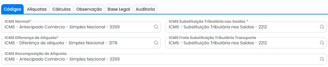 Guia de Códigos do cadastro de Tributação Estadual, com vários tipos de ICMS diferentes no sistema contábil Makrosystem