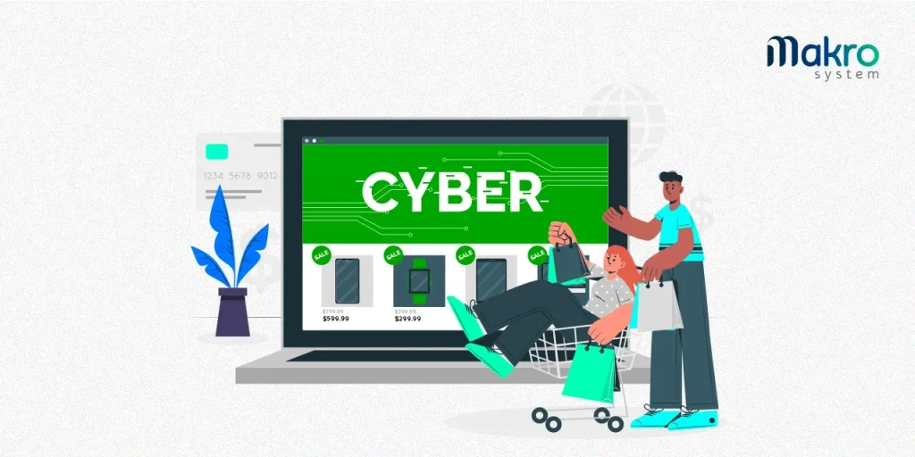 Um homem vestido com roupa ciano está segurando um carrinho de compras no qual uma mulher de roupa verde-água está sentada, segurando algumas sacolas, em frente a um computador.