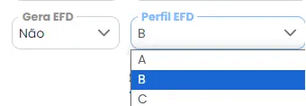 campo de "Gera EFD" e "Perfil EFD" no sistema contábil da Makro.