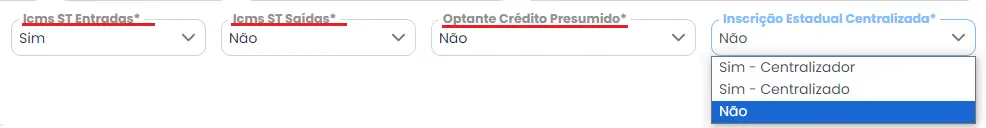 Campos de "ICMS ST Entradas", "ICMS ST Saídas", "Optante Crédito Presumido" e "Incrição Estadual Centralizada"