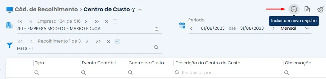 A imagem mostra um recorte do Sistema Makro sinalizando os comandos: Dentro do Centro de Custo, crie um novo registro e preencha os detalhes para o tipo Provisão/Pagamento.