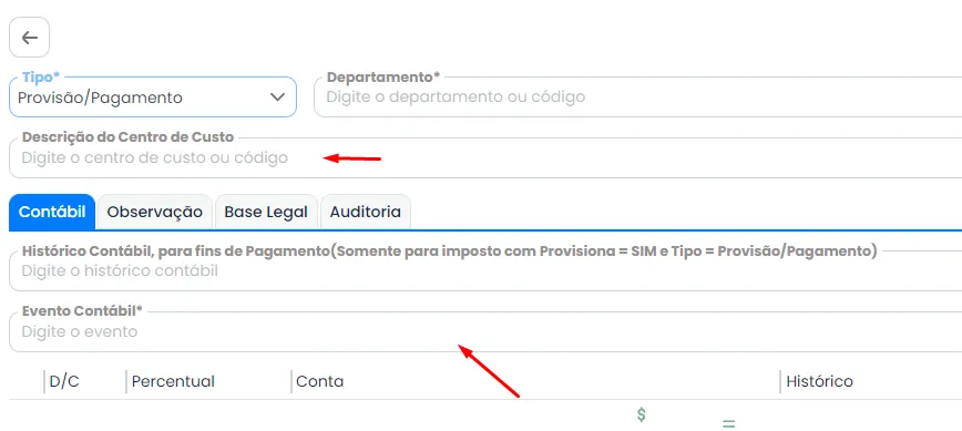 A imagem mostra um recorte do Sistema Makro sinalizando os comandos: No cadastro, informe a Descrição do Centro de Custo, o Histórico Contábil para fins de Pagamento e o Evento Contábil onde a contabilização será realizada.