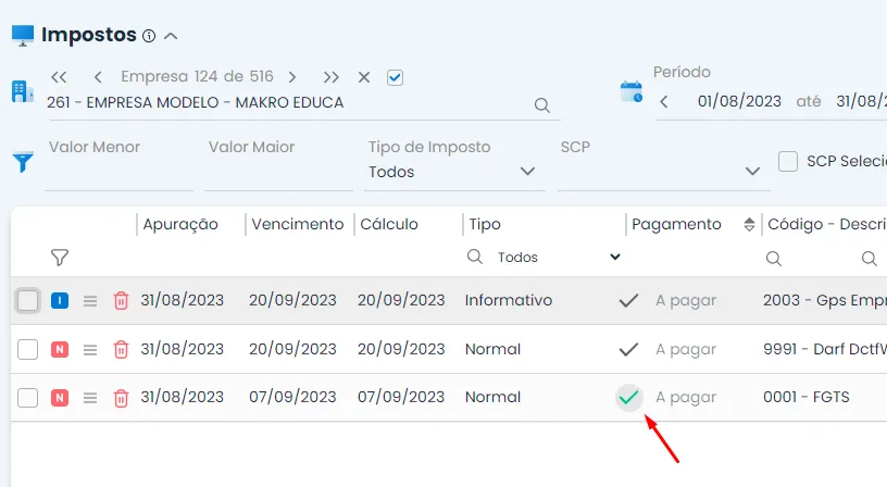 A imagem mostra um recorte do Sistema Makro sinalizando os comandos: Após concluir o cadastro do evento contábil, retorne à seção Tributos e prossiga com o pagamento normalmente.